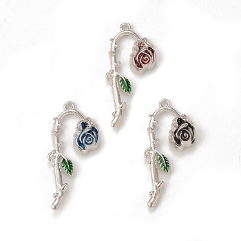 Rack Plating Alloy Enamel Pendants, Rose Flower Charm, Platinum, Mixed Color, 38.5x19x5mm, Hole: 1.8mm