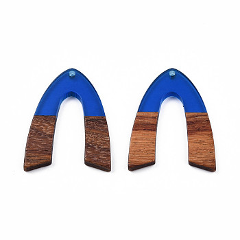 Transparent Resin & Walnut Wood Pendants, V-Shaped Charm, Royal Blue, 38x29x3mm, Hole: 2mm