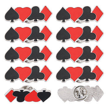 10Pcs Playing Card Enamel Pin, Poker Alloy Brooch for Backpack Clothes, Black, Red, 12.5x35x1.5mm