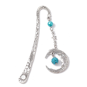 Alloy Moon Pendant Bookmark, Tibetan Style Alloy Hook Bookmarks, with Glass Pearl, Deep Sky Blue, 112mm