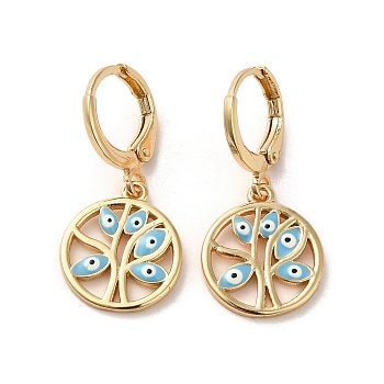 Tree with Evil Eye Real 18K Gold Plated Brass Dangle Leverback Earrings, with Enamel, Sky Blue, 28.5x13.5mm