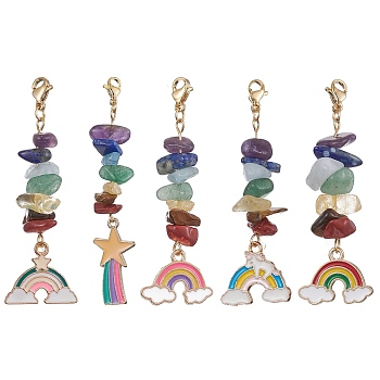 Rainbow Alloy Enamel Charms & Chakra Gemstone Chips Beaded Pendant Decoration, with 304 Stainless Steel Lobster Claw Clasps, 55~70mm