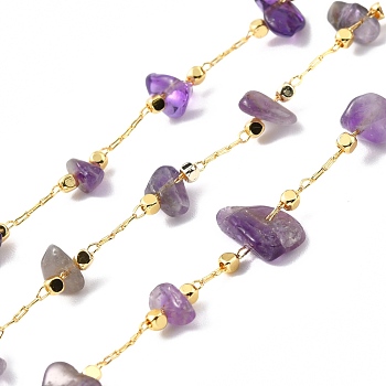 Handmade Beaded Chain, with Brass Cable Chain & Chip Natural Amethyst Link Chain, Long-Lasting Plated, Soldered, Golden, 3~8x3~16mm, 32.80Feet/roll(10m/roll)