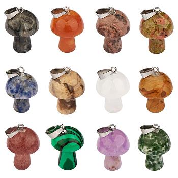12 Pieces Gemstone Mushroom Charm Pendant Crystal Mushroom Natural Stone Pendants Mixed Color for Jewelry Necklace Earring Making Crafts, Colorful, 22.5x15mm, Hole: 3.5mm