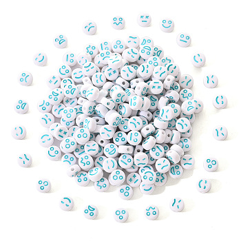 White Opaque Acrylic Beads, Flat Round with Expression, Turquoise, 7x4mm, Hole: 1.6mm, 200pcs/set