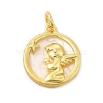 Rack Plating Brass with Plastic Pendants, Real 18K Gold Plated, Flat Round with Angel, Lead Free & Cadmium Free, Angel & Fairy Pattern, 20x17.5x3mm, Hole: 4.5mm(KK-G459-01G-02)
