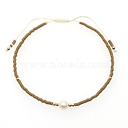 Glass Imitation Pearl & Seed Braided Bead Bracelets, Adjustable Bracelet, Saddle Brown, 11 inch(28cm)(WO2637-23)