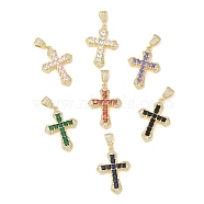 Rack Plating Brass Pendants, Glass with Cubic Zirconia, Lead Free & Cadmium Free, Long-Lasting Real 18K Gold Plated, Cross, Mixed Color, 32.5x23x5mm, Hole: 4x2.5mm(KK-D027-15G)