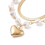 Double Chains Multi Layered Necklaces with Acrylic Pearl Beaded and Heart Charms, Ion Plating(IP) 304 Stainless Steel Jewelry for Women, Golden, 15.16 inch(38.5cm)(NJEW-D296-15G)