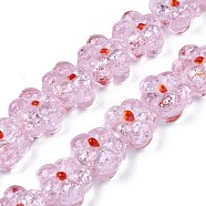 Transparent Handmade Bumpy Lampwork Beads Strands, with Silver Glitter, Flower, Pink, 13.5~14.5x14.5x8.5~10mm, Hole: 0.8~1.6mm, about 35pcs/strand, 18.50 inch~19.37 inch(47cm~49.2cm)(LAMP-S194-022F)