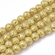 Electroplated Natural Lava Rock Beads Strands, Round, Bumpy, Gold, 10~10.5mm, Hole: 1.2mm, about 37~40pcs/strand, 14.9~15.1 inch(38~38.5cm)(G-T098-01B-09)
