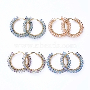 304 Stainless Steel Hoop Earrings, Beaded Hoop Earrings, with Glass Beads, Ring, Golden, Mixed Color, 57x59x7.5mm, Pin: 1x0.6mm(EJEW-JE04119-M)