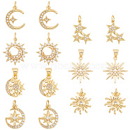 AHADERMAKER 14Pcs 7 Style Brass Micro Pave Clear Cubic Zirconia Pendants, Moon with Star & Flower & Sun & Moon & Star, Real 18K Gold Plated, 19.5x17.5x3.4mm, Hole: 3.5x4.5mm, 2pcs/style(FIND-GA0002-36)