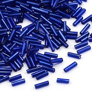 Glass Bugle Beads, Silver Lined, Medium Blue, 6~8x1.8mm, Hole: 0.6mm, 10000pcs/pound(TSDB6mm28)
