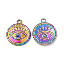 Ion Plating(IP) 304 Stainless Steel Pendant Cabochon Settings, Flat Round with Eye, Rainbow Color, Tray: 2mm, 18x15.5x2mm, Hole: 1.6mm(STAS-A070-15MC)