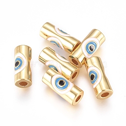 Brass Enamel Beads, Column with Evil Eye, Golden, Colorful, 10x4.5mm, Hole: 1.8mm(KK-L189-20G)