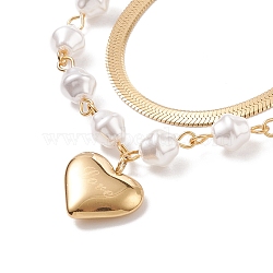 Double Chains Multi Layered Necklaces with Acrylic Pearl Beaded and Heart Charms, Ion Plating(IP) 304 Stainless Steel Jewelry for Women, Golden, 15.16 inch(38.5cm)(NJEW-D296-15G)