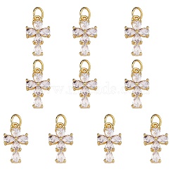 10Pcs Rack Plating Brass Micro Pave Clear Cubic Zirconia Charms, with Jump Rings, Long-Lasting Plated, Cadmium Free & Lead Free, Cross, Real 18K Gold Plated, 15x9x3mm, Hole: 3.2mm(ZIRC-SZ0004-11)