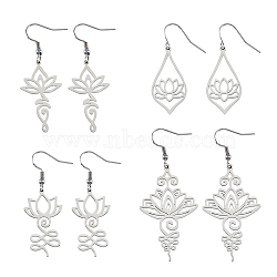 4 Pairs 4 Style 304 Stainless Steel Long Dangle Earrings, Yoga Theme Lotus, Stainless Steel Color, 43.5~63x16~27mm, 1 Pair/style(EJEW-FI0002-55)