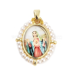 Rack Plating Brass Enamel Pendants, with Plastic Imitation Pearl, Long-Lasting Plated, Cadmium Free & Lead Free, Real 18K Gold Plated, Oval with Virgin Mary Charm, Indian Red, 28x22.5x6mm, Hole: 4.5x3.5mm(KK-C056-07G-04)