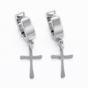 304 Stainless Steel Clip-on Earrings, Hypoallergenic Earrings, Cross, Stainless Steel Color, 32mm