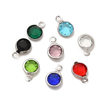 304 Stainless Steel with Glass Charms, Stainless Steel Color, Faceted Flat Round, Mixed Color, 9.5x6.5x2mm, Hole: 1.5mm