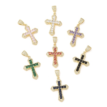 Rack Plating Brass Pendants, Glass with Cubic Zirconia, Lead Free & Cadmium Free, Long-Lasting Real 18K Gold Plated, Cross, Mixed Color, 32.5x23x5mm, Hole: 4x2.5mm