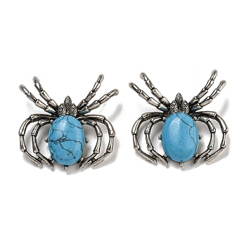 Dyed Synthetic Turquoise Pendants, Spider Charms, with Rack Plating Antique Silver Tone Brass Findings, Cadmium Free & Lead Free, 36x36x7.5mm, Hole: 3x5.5mm