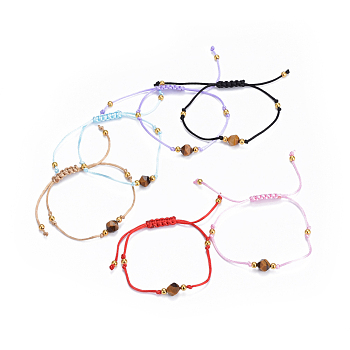 Adjustable Nylon Cord Braided Bead Bracelets, with Brass and Natural Tiger Eye Beads, Mixed Color, 1-5/8 inch~3 inch(4~7.5cm)