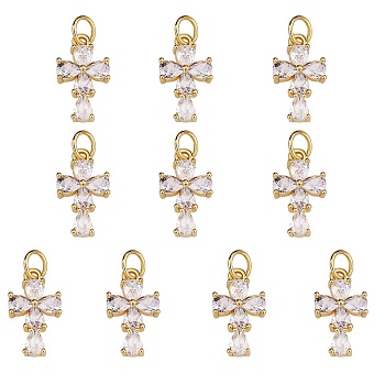 10Pcs Rack Plating Brass Micro Pave Clear Cubic Zirconia Charms, with Jump Rings, Long-Lasting Plated, Cadmium Free & Lead Free, Cross, Real 18K Gold Plated, 15x9x3mm, Hole: 3.2mm