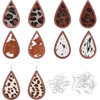 DIY Teardrop Earring Making Kit, Including Leopard Print Cowhide Leather Big Pendants with Wood, Iron Jump Rings & Earring Hooks, Coconut Brown, 60Pcs/box