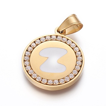 304 Stainless Steel Enamel Pendants, with Cubic Zirconia, Flat Round with Letter, Golden, Clear, Letter.Z, 29x25x3mm, Hole: 5.5x8.5mm