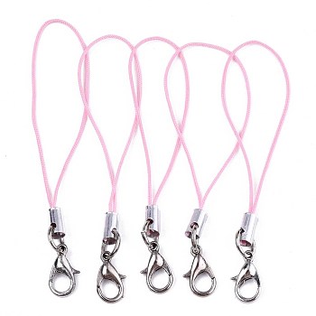 Polyester Cord Mobile Straps, with Platinum Plated Alloy Findings, Pink, 6.5~7cm