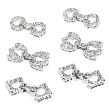6Pcs 3 Styles Rack Plating Brass Micro Pave Clear Cubic Zirconia Fold Over Clasps, Cadmium Free & Lead Free, Long-Lasting Plated, Platinum, 24.5~29mm, Clasp: 17~19.5x12.5~14x4.5~4.5mm, 2pcs/style