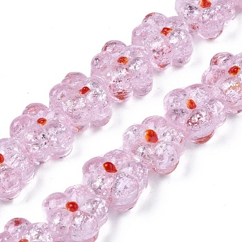 Transparent Handmade Bumpy Lampwork Beads Strands, with Silver Glitter, Flower, Pink, 13.5~14.5x14.5x8.5~10mm, Hole: 0.8~1.6mm, about 35pcs/strand, 18.50 inch~19.37 inch(47cm~49.2cm)