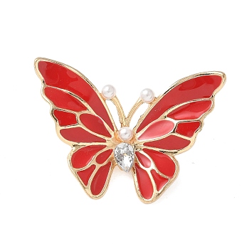 Butterfly Enamel Pins, Alloy Rhinestones Brooches for Backpack Clothes, with Plastic Pearl, FireBrick, 27x37.5mm