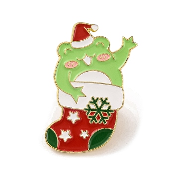 Christmas Frog with Socking Alloy Enamel Pins for Backpack Clothes, Green Yellow, 31x20mm