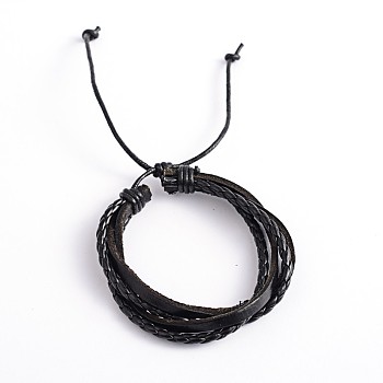 Adjustable Leather Multi-Strand Bracelets, with Waxed Cord, Black, 57mm