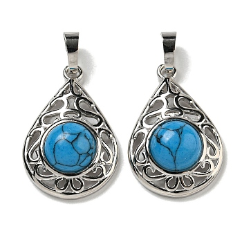 Synthetic Blue Turquoise  Pendants, Rack Plating Brass Hollow Teardrop Charms, Cadmium Free & Lead Free, Platinum, 29.5x19.5x7.5mm, Hole: 7.5x5mm
