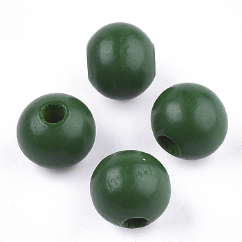 Painted Natural Wood Beads, Round, Green, 10x8.5~9mm, Hole: 2~3mm