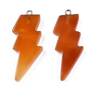 Natural Carnelian Pendants, Lightning Bolt Charm, with Stainless Steel Color Tone 304 Stainless Steel Loops, 40~44.5x17~20x4.5~6mm, Hole: 2mm