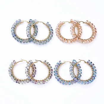 304 Stainless Steel Hoop Earrings, Beaded Hoop Earrings, with Glass Beads, Ring, Golden, Mixed Color, 57x59x7.5mm, Pin: 1x0.6mm