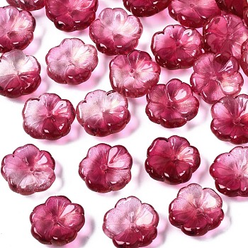 Transparent Spray Painted Glass Beads, with Glitter Powder, Two Tone, Flower, Medium Violet Red, 15x15x6mm, Hole: 1.2mm
