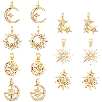 AHADERMAKER 14Pcs 7 Style Brass Micro Pave Clear Cubic Zirconia Pendants, Moon with Star & Flower & Sun & Moon & Star, Real 18K Gold Plated, 19.5x17.5x3.4mm, Hole: 3.5x4.5mm, 2pcs/style