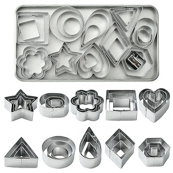 430 Stainless Steel Cookie Cutters, with Iron Rectangle Box, Mix-shaped, Heart/Star/Flower, Stainless Steel Color, Package Size: 170x90x18mm