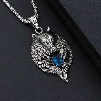 Alloy Pendant Necklaces for Men, Wolf, Antique Silver, 23.62 inch(60cm)