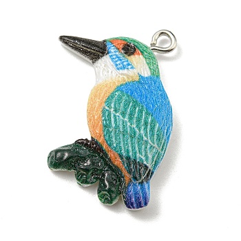 Opaque Resin Pendants, Bird Charms with Platinum Tone Iron Loops, Colorful, 29x21x6mm, Hole: 2mm