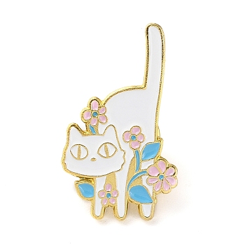 Cartoon Yoga Cat & Flower Enamel Pins, Golden Zinc Alloy Brooches for Women, White, 30x17.5x1.8mm