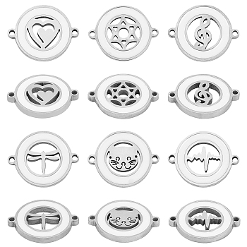 Unicraftale 12Pcs 6 Style 304 Stainless Steel Enamel Links Connectors, Laser Cut, Flat Round with Cat, Dragon, Heartbeat, Heart, Star of Devid, Musical Note, Stainless Steel Color, 2pcs/style, 12pcs/box