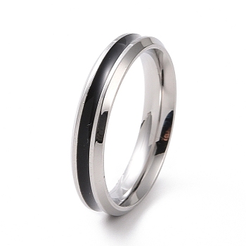 Black Enamel Grooved Line Finger Ring, 201 Stainless Steel Jewelry for Women, Stainless Steel Color, 4mm, Inner Diameter: 17mm